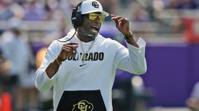 Colorado head coach Deion Sanders yells from the sidelines during the first half of an NCAA college football game against TCU Saturday, Sept. 2, 2023, in Fort Worth, Texas. (AP Photo/LM Otero)